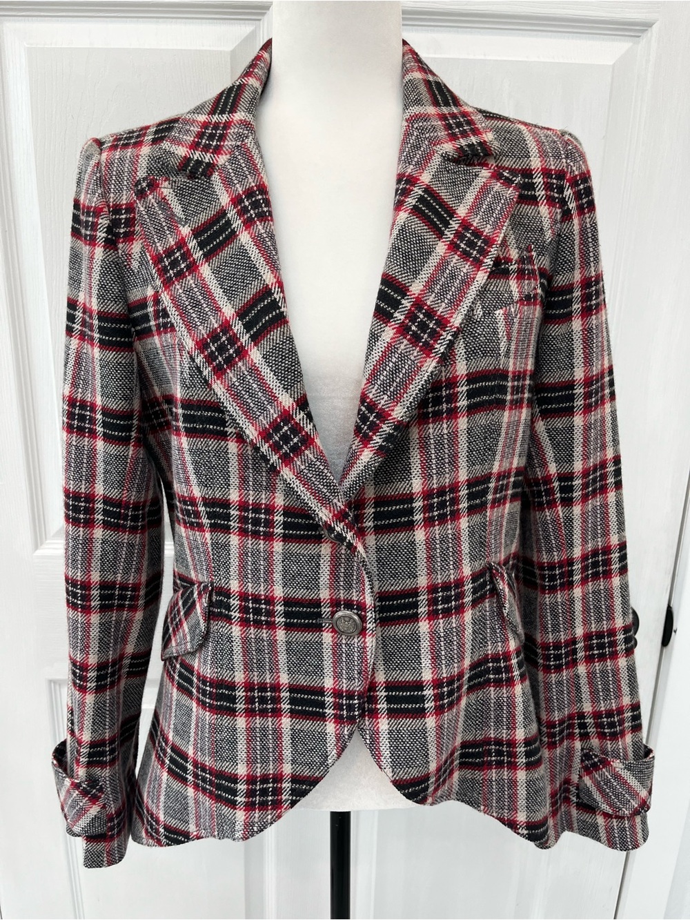 Franco Mirabelli Plaid Wool Peplum Blazer Jacket 10 Office Siren Preppy Cinched